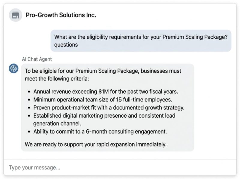 Screenshot of a branded AI chat interface showing instant, precise answers to customer questions.