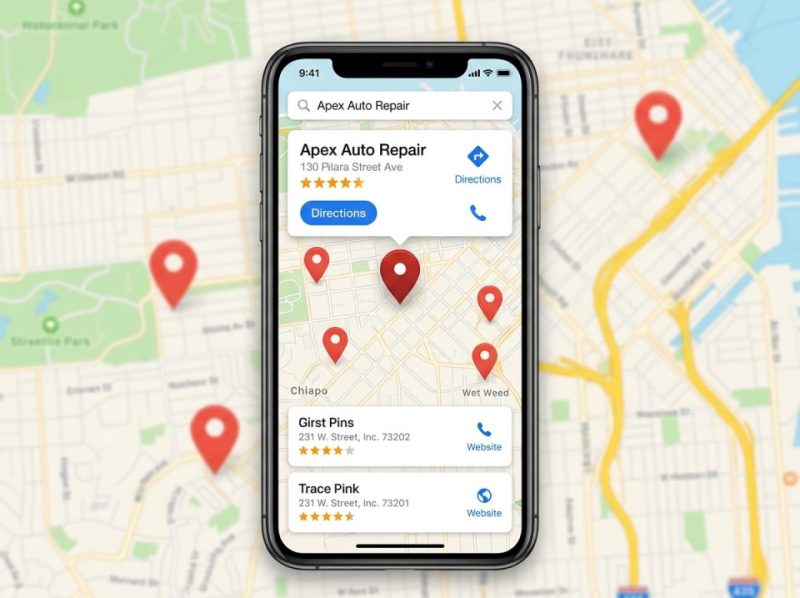 Stylized Google Maps search result highlighting a prominent business listing, demonstrating top local search visibility.