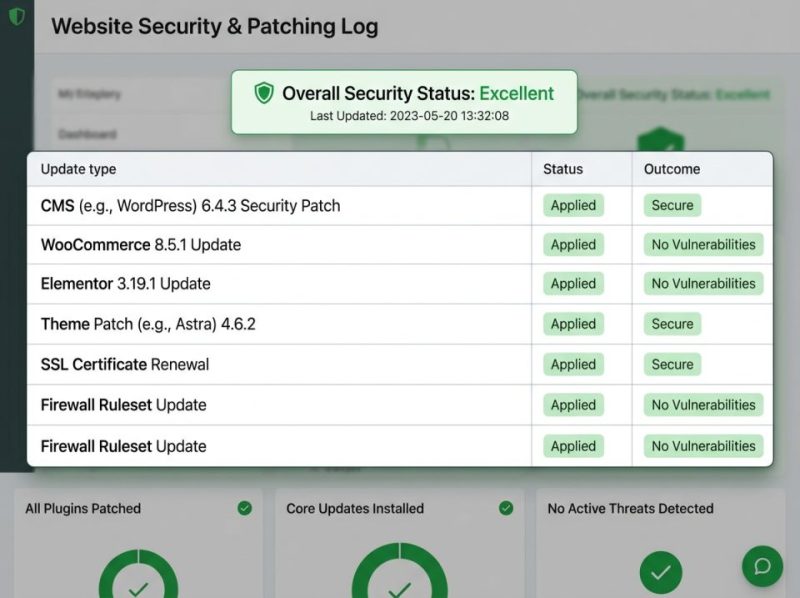 Screenshot of a security audit log displaying identified vulnerabilities and successful patches, ensuring website protection and currency.