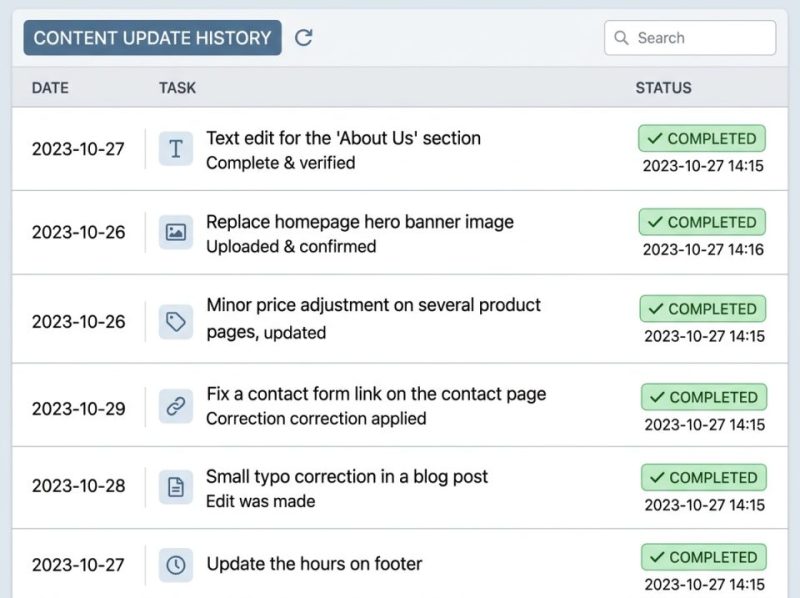 A digital dashboard showing completed website content updates and maintenance tasks, ensuring a fresh, secure, and high-performing site.